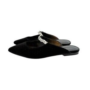 J.Crew Black Velvet Rhinestone Crystal Embellished Pointed Toe Mule Flats Sz 7